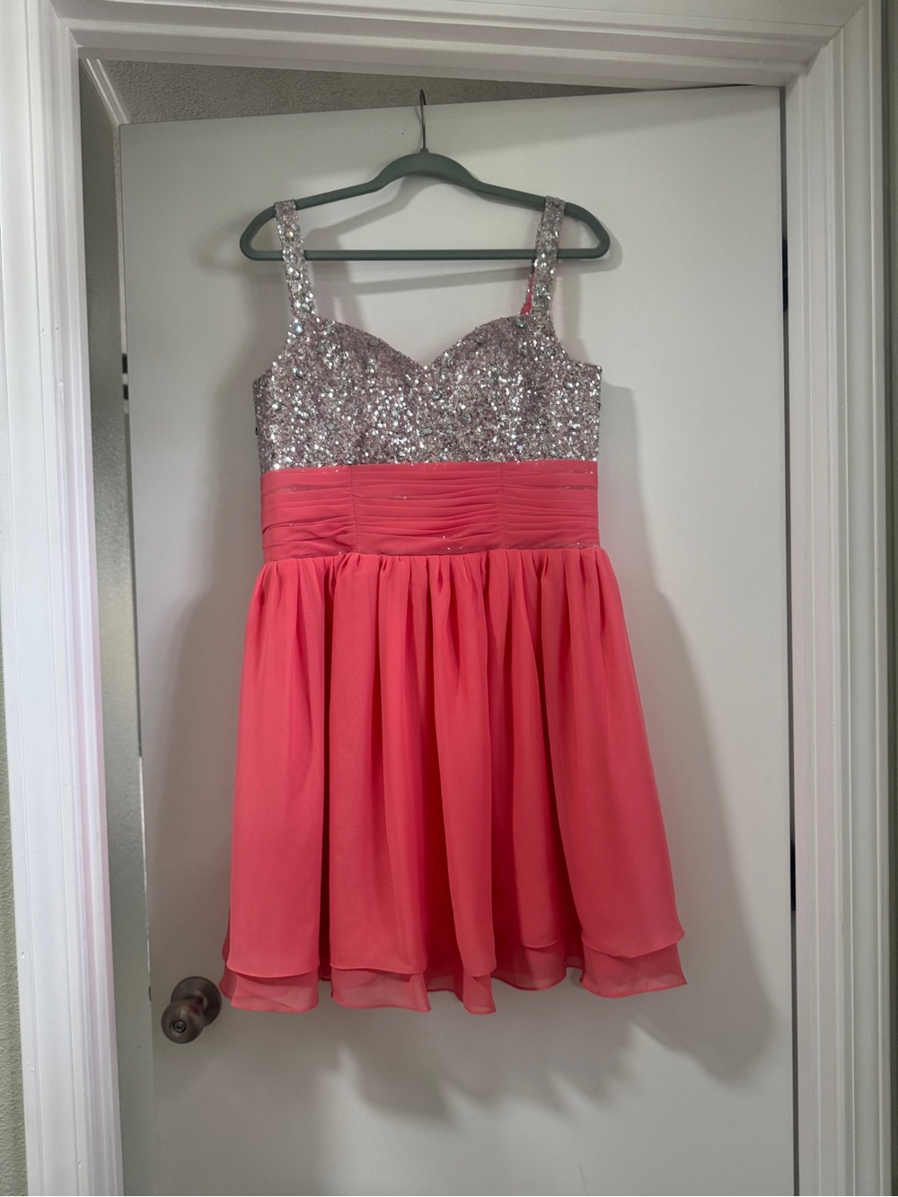 Coral Pink Sequin Bodice Formal Dress with Chiffon Skirt